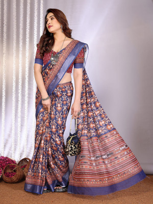 Soor Panchi Digital Print Bandhani Cotton Linen Saree(Red)