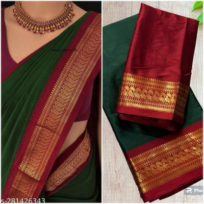 Paramparik Textile Woven Bollywood Cotton Silk Saree(Green)