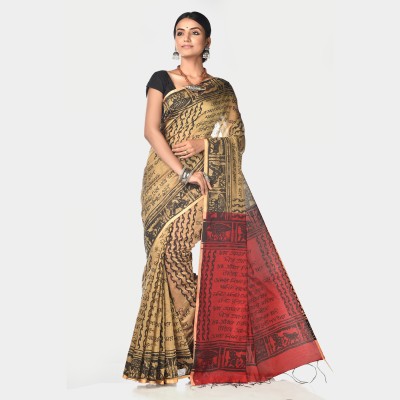 Mystory Printed Bollywood Handloom Cotton Silk Saree(Beige)