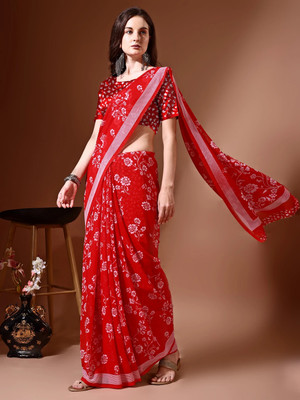 Leelavati Printed Bollywood Chiffon Saree(Red, White)