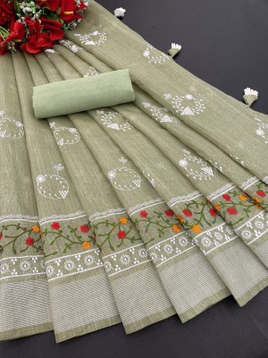 Vrati Creation Embroidered Chanderi Cotton Blend Saree(Green, White)