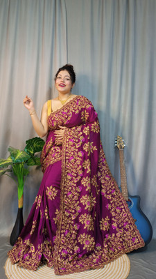 veerlaxmi Printed Saree with Attached Blouse Cotton Silk Saree(Purple)