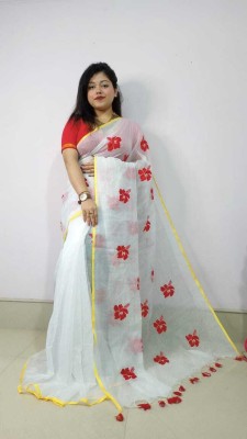 GOURISAREE Embroidered Handloom Cotton Silk Saree(White)