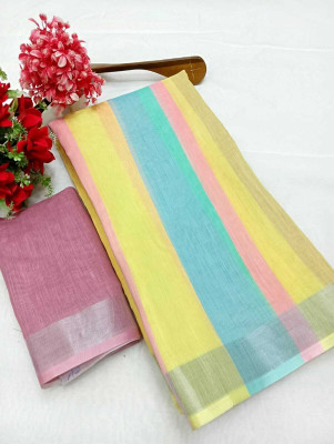PRTRENDZ Printed Kanjivaram Cotton Linen, Linen Saree(Multicolor)