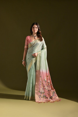 PeachPetals Printed, Floral Print Banarasi Cotton Blend Saree(Light Green)