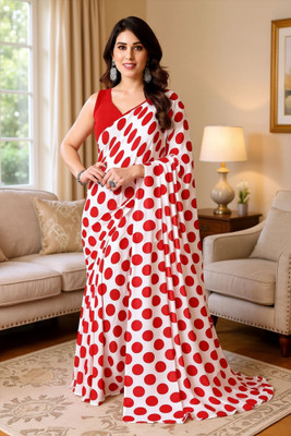 SmittenSmit Printed Bollywood Georgette Saree(White, Red)