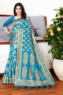 Pikham Self Design Kanjivaram Jacquard Saree(Light Blue)