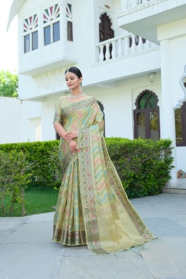 WISHLIST Striped Bollywood Silk Blend Saree(Green)