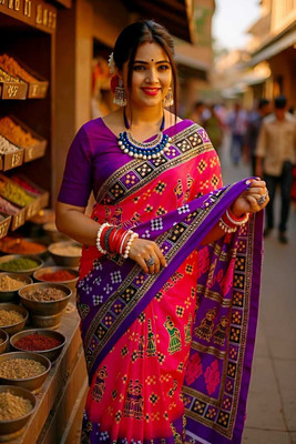 kalyani nx Printed Sambalpuri Pure Cotton Saree(Pink, Purple)