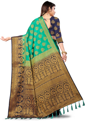 Karyavar Floral Print Bollywood Lycra Blend Saree(Green, Dark Blue)