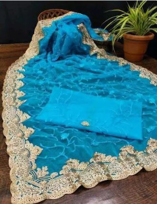 Zenomics Embroidered, Embellished Bollywood Net Saree(Light Blue)
