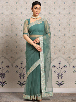 House of Pataudi Woven Daily Wear Net Saree(Green)