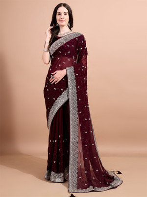 Divastri Embroidered, Embellished, Woven Bollywood Georgette Saree(Maroon)
