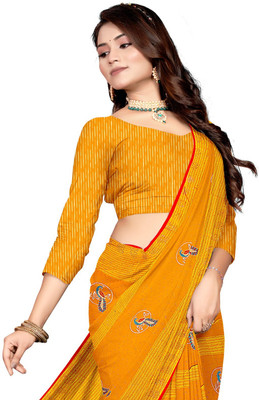 KRUBUX Printed Chanderi Cotton Silk Saree(Yellow)