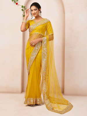 Paramparik Textile Embroidered Bollywood Net Saree(Yellow)