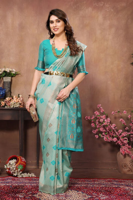 Soor Panchi Self Design Banarasi Cotton Blend Saree(Light Green)