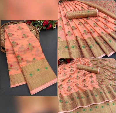 YAGNAM FAB Woven, Self Design Banarasi Cotton Blend, Jacquard Saree(Orange)