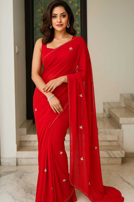 ReshuFashionHub Solid/Plain Bollywood Chiffon Saree(Red)