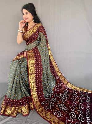shreeji creation Blocked Printed Bandhani Art Silk Saree(Grey)