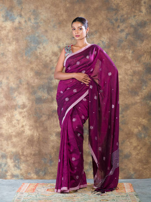 sourav biswas Woven Handloom Pure Cotton Saree(Magenta)