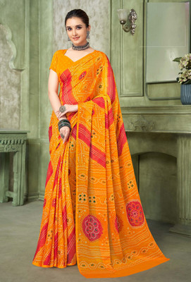 The Fashion Attire Geometric Print Bandhani Chiffon Saree(Yellow)