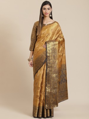 Tasrika Woven, Printed Banarasi Cotton Silk Saree(Yellow)