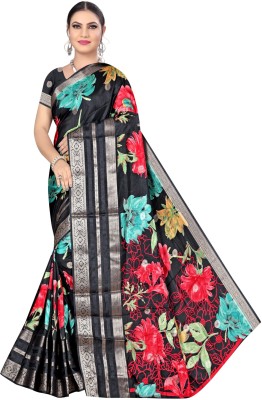 INDONIQ Floral Print, Printed Daily Wear Tussar Silk Saree(Black)