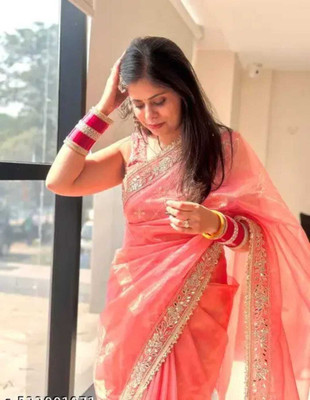 solid hendloom plus Embellished, Embroidered Saree with Attached Blouse Net Saree(Orange)
