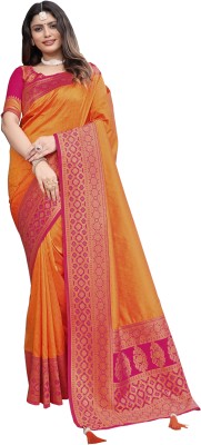 Om Creation Embroidered Banarasi Jacquard Saree(Orange, Pink)