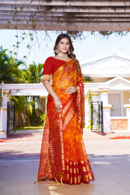 Aarunika MT Solid/Plain Bollywood Organza Saree(Gold, Orange)