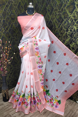 KHANUDI Digital Print Kanjivaram Cotton Linen Saree(Multicolor)