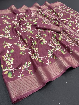 Hensi sarees shop Floral Print Arani Pattu Cotton Linen, Tussar Silk Saree(Pink)