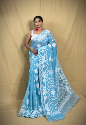 BISWESS Self Design, Woven, Printed Jamdani Cotton Silk Saree(Light Blue)