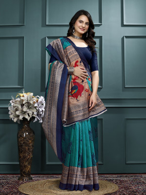 Kanooda Prints Woven Mysore Art Silk Saree(Green)
