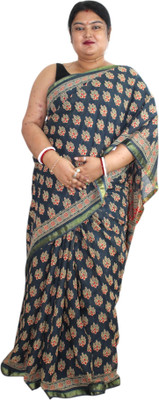 Generative Floral Print Chanderi Pure Cotton Saree(Dark Blue)