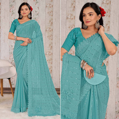 Lighthouse Solid/Plain Bollywood Lycra Blend Saree(Light Blue)