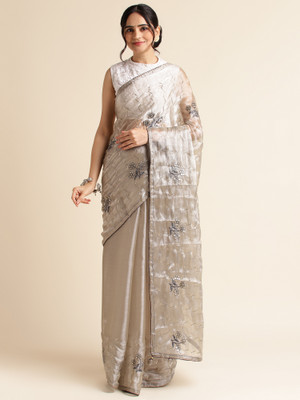 FABMORA Embroidered, Embellished Bollywood Organza Saree(Grey)