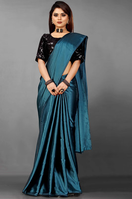 Mandani & Co. Dyed, Solid/Plain, Self Design Bollywood Satin Saree(Blue)