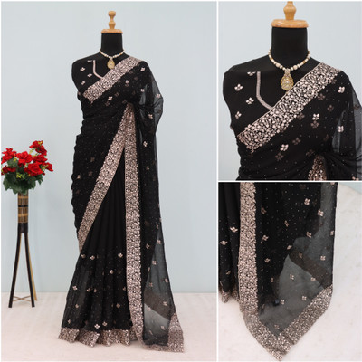 priyanka jayani Embroidered Bollywood Organza Saree(Black)