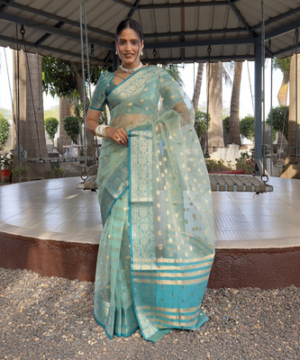 LADY SHOPI Woven Bollywood Organza Saree(Light Blue, Gold)