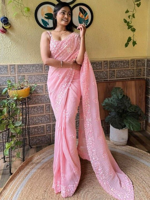 DDesigner Self Design, Embroidered, Embellished, Floral Print Bollywood Georgette Saree(Pink)