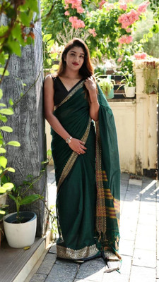 WeaveAura Solid/Plain Handloom Cotton Blend Saree(Green)