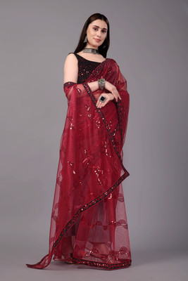 Zintargo Embroidered Bollywood Net Saree(Maroon)