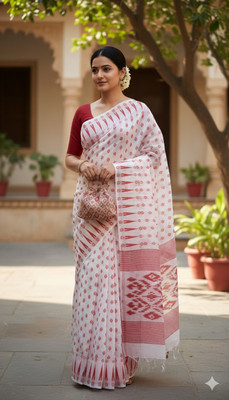 ABC Embellished, Woven Jamdani Cotton Linen Saree(White)