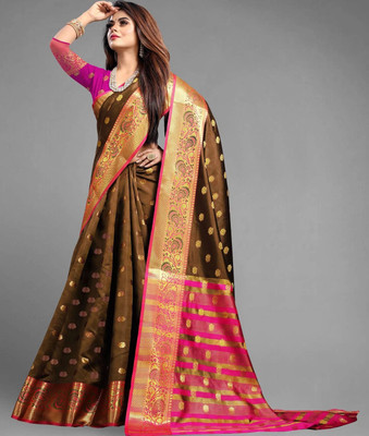 URJAZONE Woven, Printed Banarasi Pure Silk, Cotton Silk Saree(Brown)