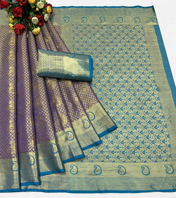 HK Trading Paisley, Woven, Self Design Banarasi Cotton Silk Saree(Purple)