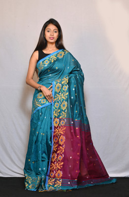 HouseOfCommon Embellished, Woven Handloom Pure Cotton Saree(Blue, Maroon)