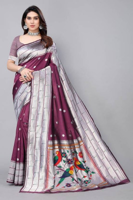 nosequeen Woven, Striped, Floral Print Paithani Art Silk, Silk Blend Saree(Purple)
