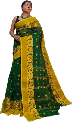 SABITA CUSTOMERY Woven, Color Block Tant Handloom Pure Cotton, Chanderi Saree(Green, Yellow)