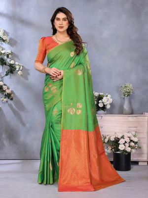 StyleDeal Floral Print, Woven Banarasi Jacquard Saree(Light Green)